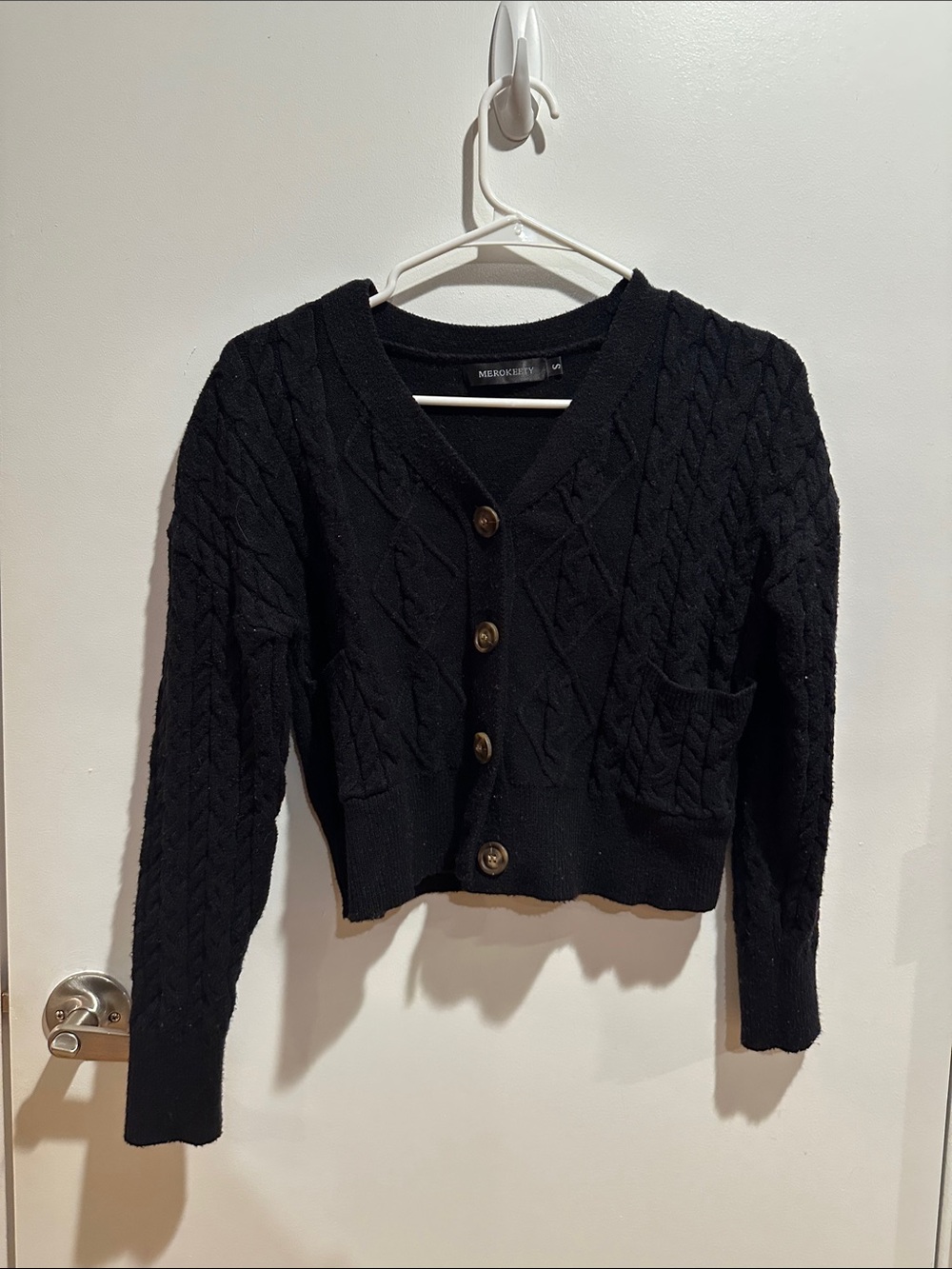 Merokeety Black Cable Knit Button-Front Cardigan